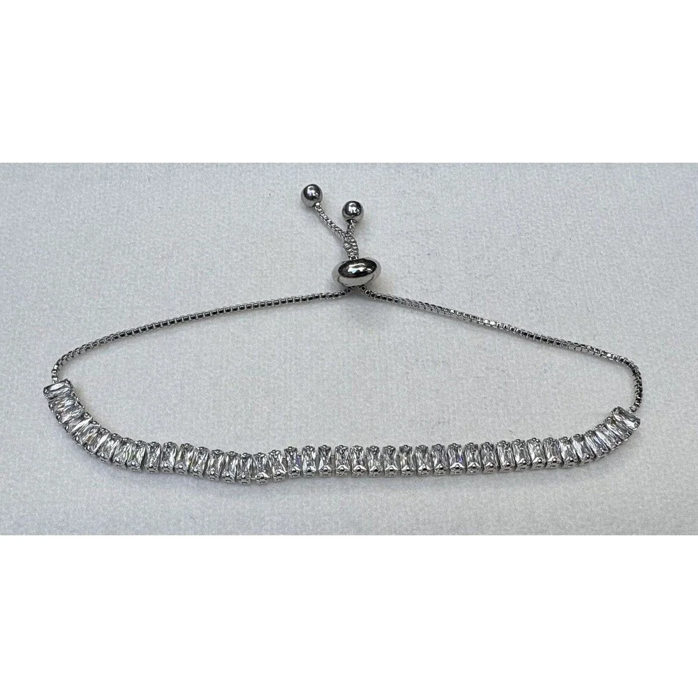 Adjustable CZ Tennis Bracelet Silver Tone Baguette Rhinestone Slider Bracelet